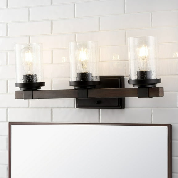 JONATHAN Y Bungalow 22.75" 3-Light Iron/Seeded Glass Rustic Farmhouse LED Vanity Light, Oil Rubbed Bronze