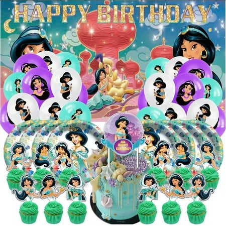 Jasmine Princess Party Supplies Decor Decorations Birthday Plates for Kids Tableware Balloons Cake Topper Fans