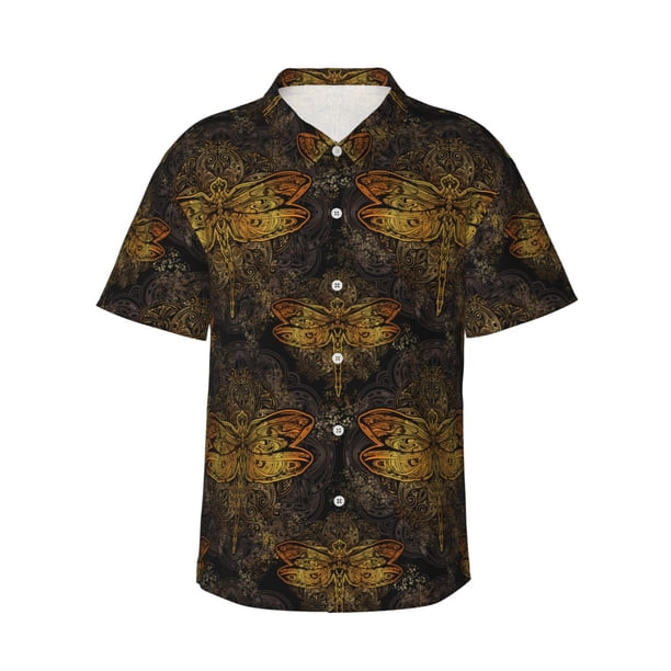 Balery Gold Dragonfly Mandala Camisas hawaianas de manga corta para hombre, camisas playeras de corte holgado, camisas de vacaciones con botones,Small