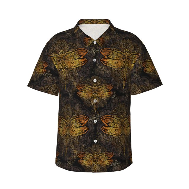Fotbe Gold Dragonfly Mandala Camisa Hawaiana para Hombre Unisex – Camisa Casual de Verano con Botones de Manga Corta de Algodón y Lino,X-Large