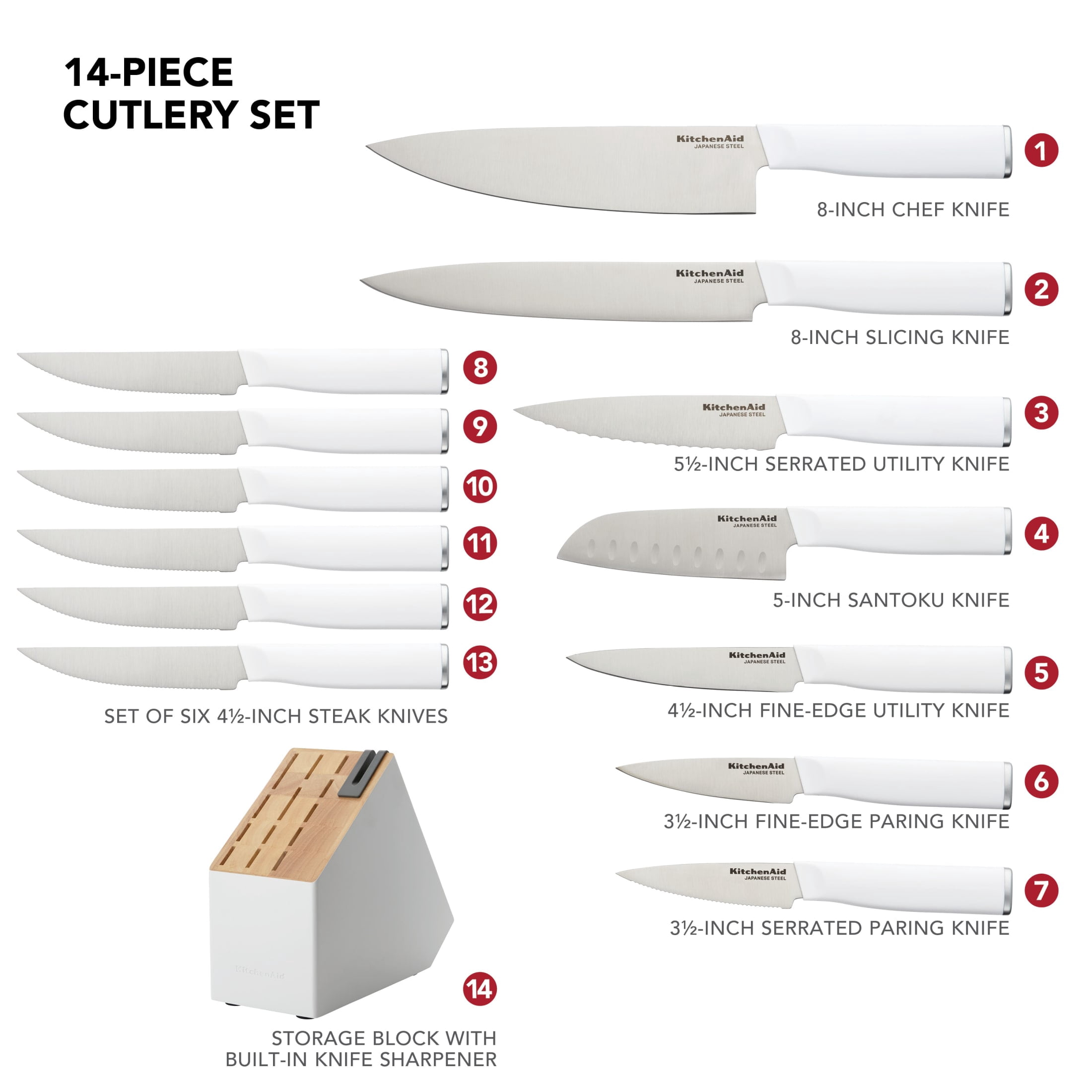 KitchenAid 14-Piece Slim Knife Block Set with Sharpener, High-Carbon Stainless Steel, White