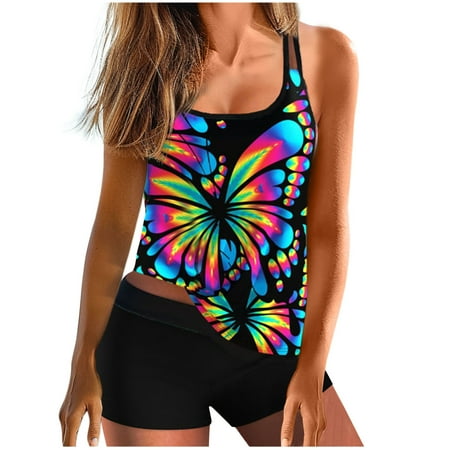 Bouanq Women Tankini Top with Swim Shorts Floral Printed Beach Tummy Control Swimwear Halter Two Piece Bathing Suits Bikini Set Tankini Bathing Suits for Women on Clearance