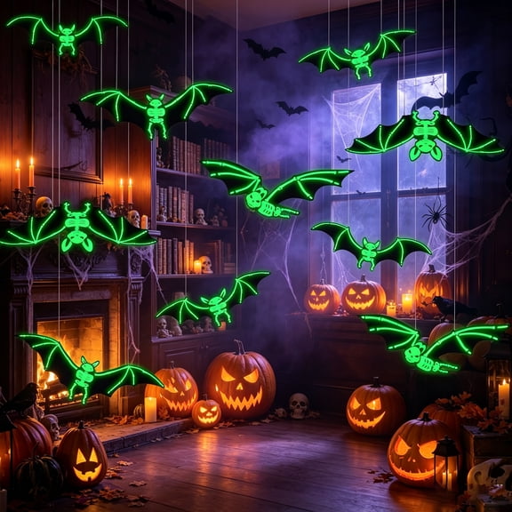 12PCS Halloween Hanging Bats Decorations, Large Plastic Flying Bats with Realistic Scary Glowing Skeleton Bats for Halloween Outdoor Tree Porch Yard Lawn Indoor Decor, Black