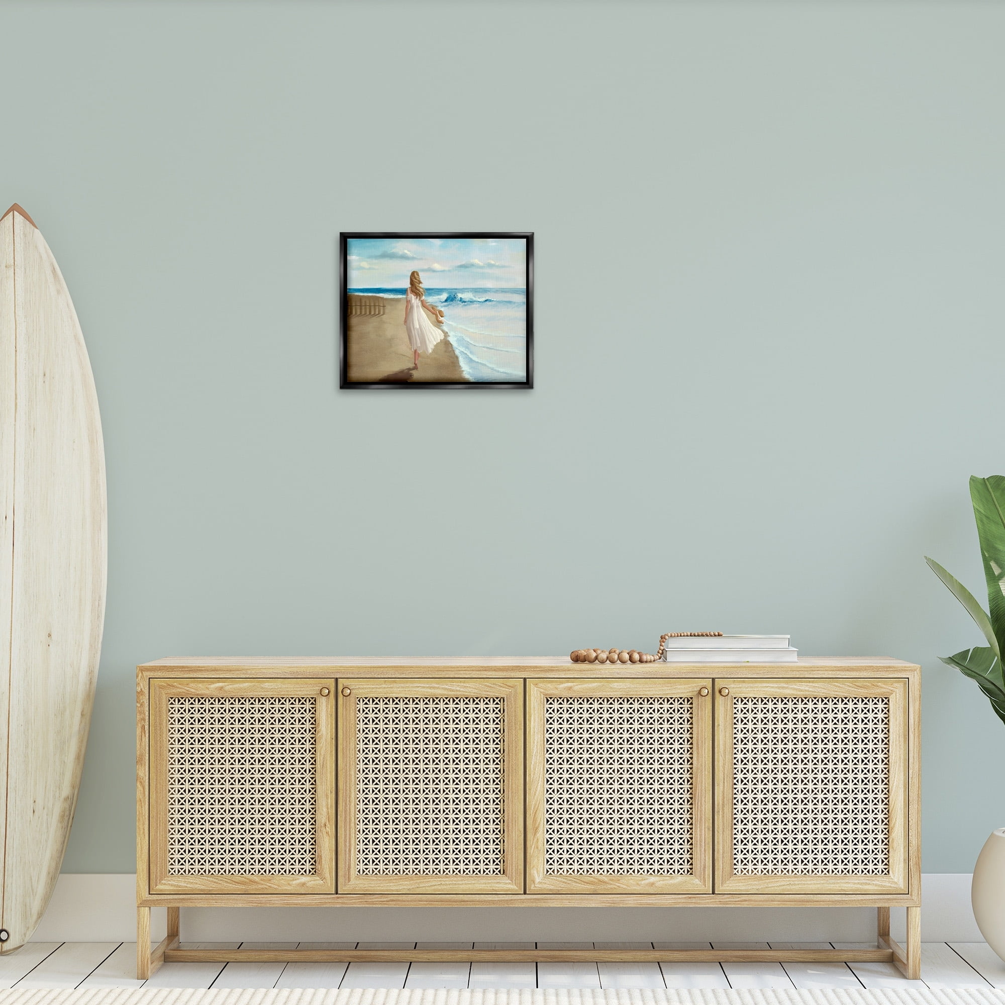 Stupell Industries Walk On The Beach Blue Ocean Painting Jet Black Framed Floating Canvas Wall Art, 16x20, by Ziwei Li