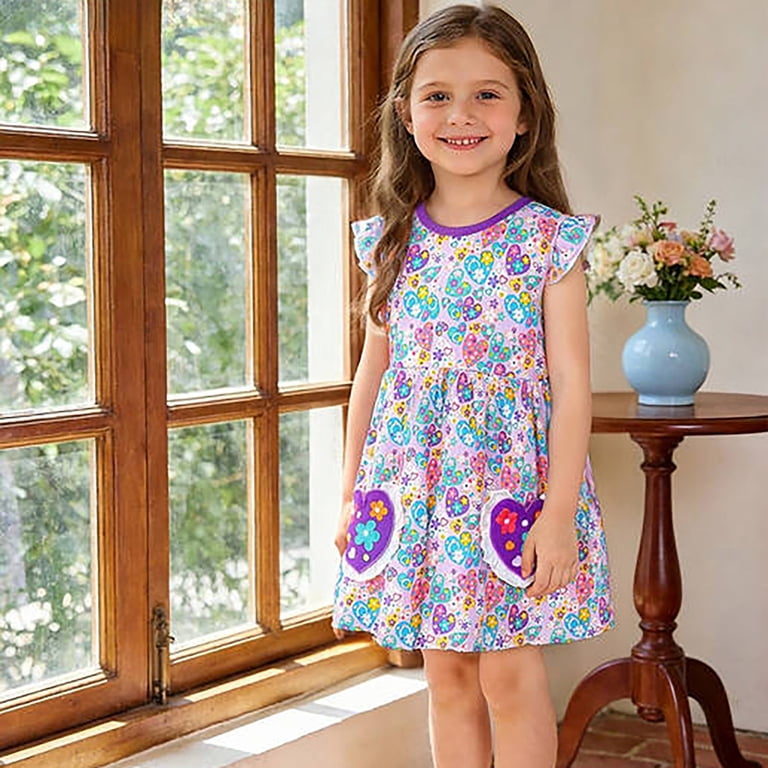 toddler girl casual dresses JIAYUE Girls Summer Fashion Cute A-Line Knee Length Flutter Sleeve Floral Print Knit Round Neck Playwear Dress For Children __dress Color:As Photo- Black Rosemary - Black Leather Frock appealing to both kids