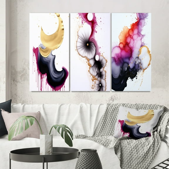 Designart "Ethereal Elegance Magenta Ink Clouds IX" Abstract Painting Wall Art Set Of 3 - Modern Gold Canvas Set For Living Room Decor