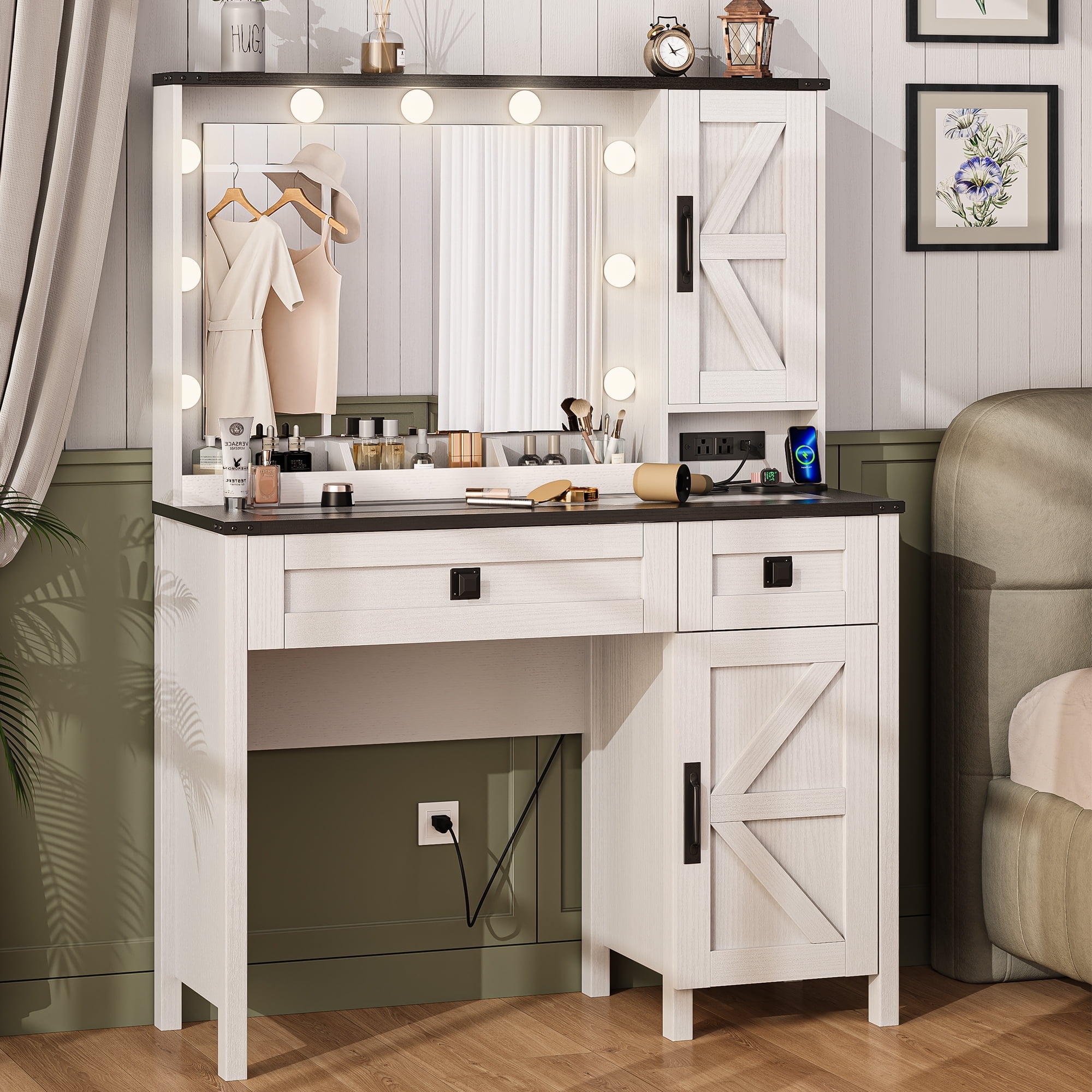 GIKPAL Vanity Set with Mirror & Lights, Get Ready Station Vanity with Storage Drawers & Glass Top, Farmhouse Vanity Desk with Power Strip, White