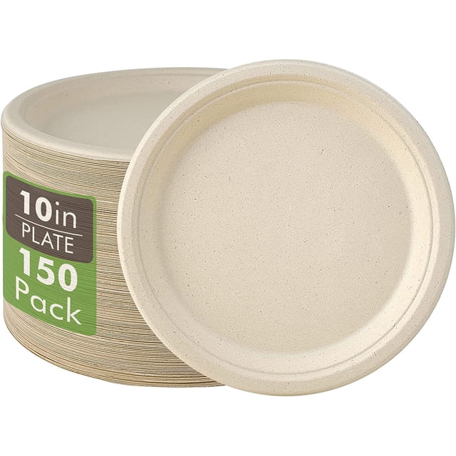 Vplus Lot de 150 Assiettes en Papier Jetables Compostables 10 Pouces Super Résistantes 100 % Bagasse Naturelles Biodégradables Écoresponsables Assiettes pour Canne à Sucre (nature)