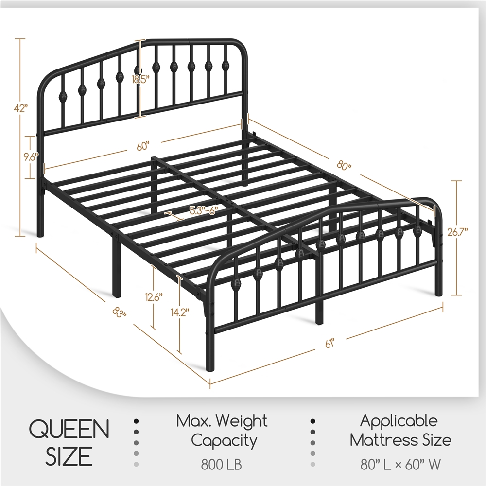 Fullfurnique Cadre de Lit en Métal Moderne avec Tête et Pied de Lit Cintrés, Simple, Noir
