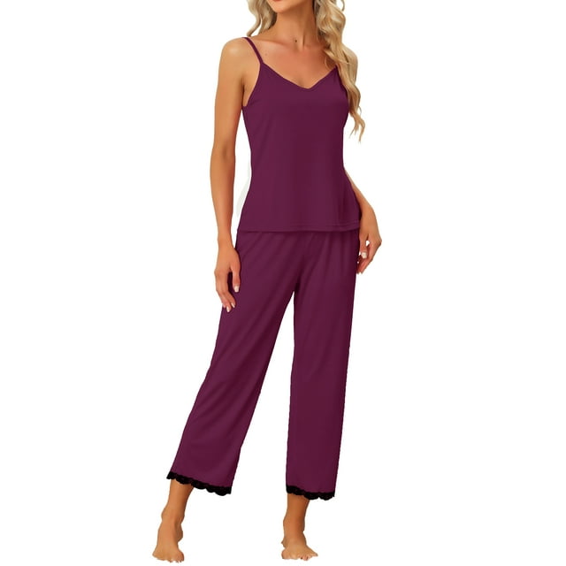 Conjunto de pijama de 2 piezas para mujer INSPIRE CHIC con top de tirantes y pantalón capri con encaje, ropa de descanso suave de modal, color rojo oscuro