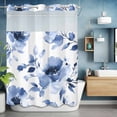 thumbnail image 6 of Blue Floral No Hooks Shower Curtain with Snap-in Liner Pastoral Watercolor Spring Blue Flowers Leaves Shower Curtains for Bathroom, Waterproof, Easy Install, Washable 72"x96", 6 of 9