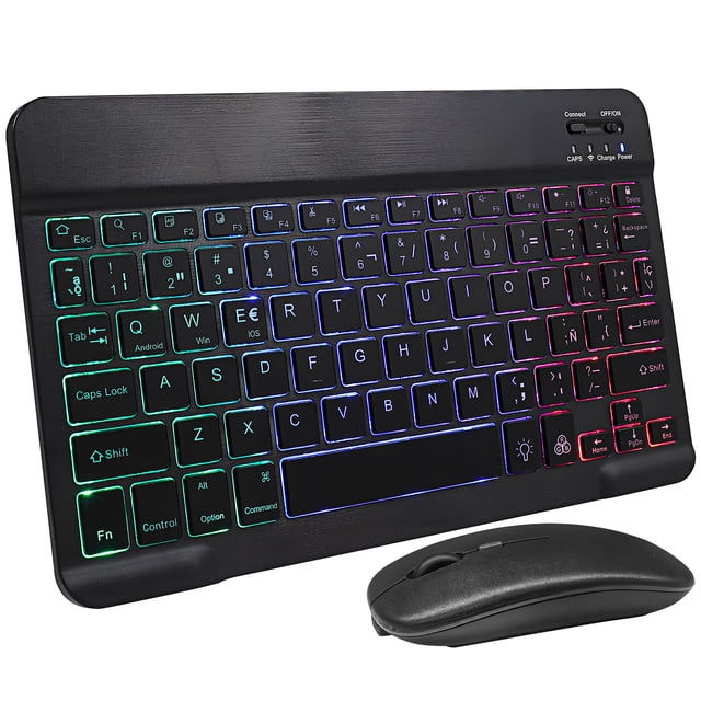 1 Juego de teclado y ratón inalámbricos, teclado multidispositivo, letras iluminadas, teclado con pegatinas, teclado portátil para tableta y teléfono