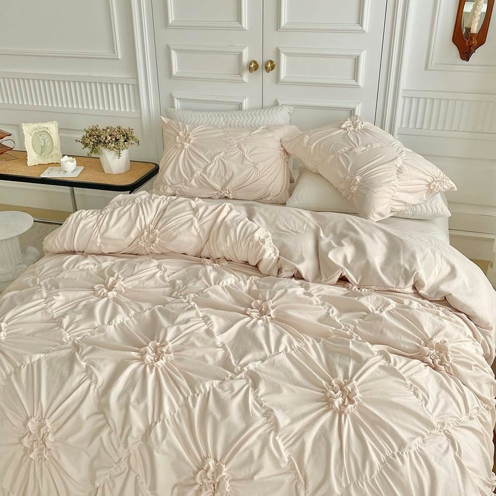 Rustic French Style Textured Flower Pinch Pleated Beige Duvet Cover Set Solid Luxury Bedding Sets,King Size