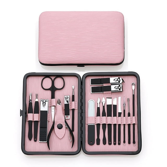 Juego de manicura Kit profesional de cortaúñas Herramientas para el cuidado de la pedicura - Kit de aseo para mujeres de acero inoxidable 18 piezas para viajes o hogar Rosa