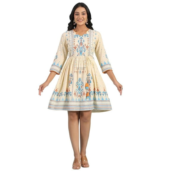 Juniper Off-White Rayon Ikat Printed Fit & Flare Lacy Short Dress