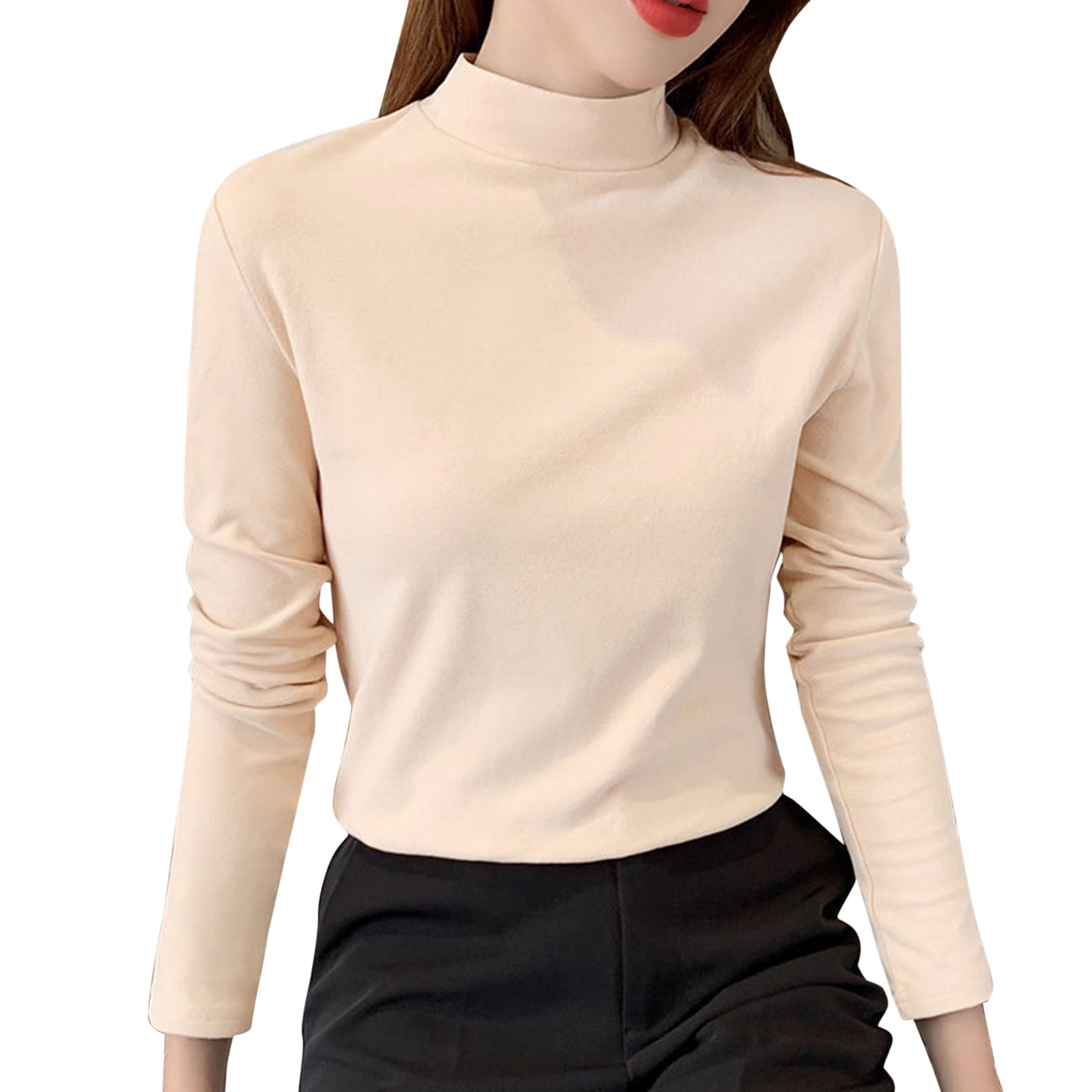 WTXUE Base Layers Long Sleeve, Mock Neck Women Slim Solid Mock Turtleneck Blouse Slim Stretchy Layer Tee Shirts Solid Casual Tops for Women
