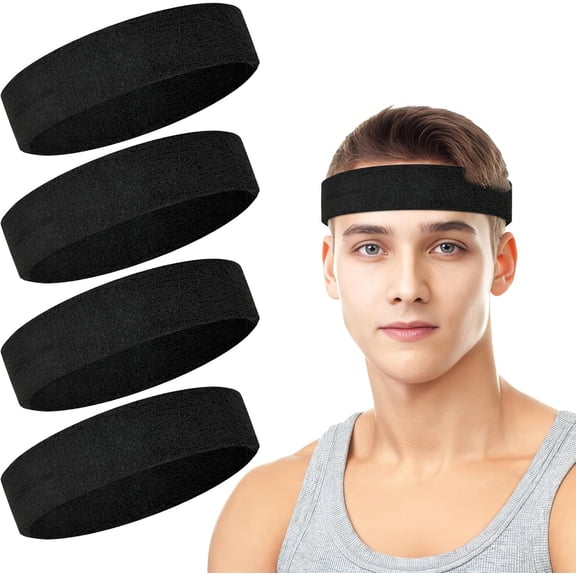 Daletu 4 Pack Cotton Terry Sweat Headbands for Men & Women, Absorbent Sports Headbands for Running, Gym, Basketball, Tennis