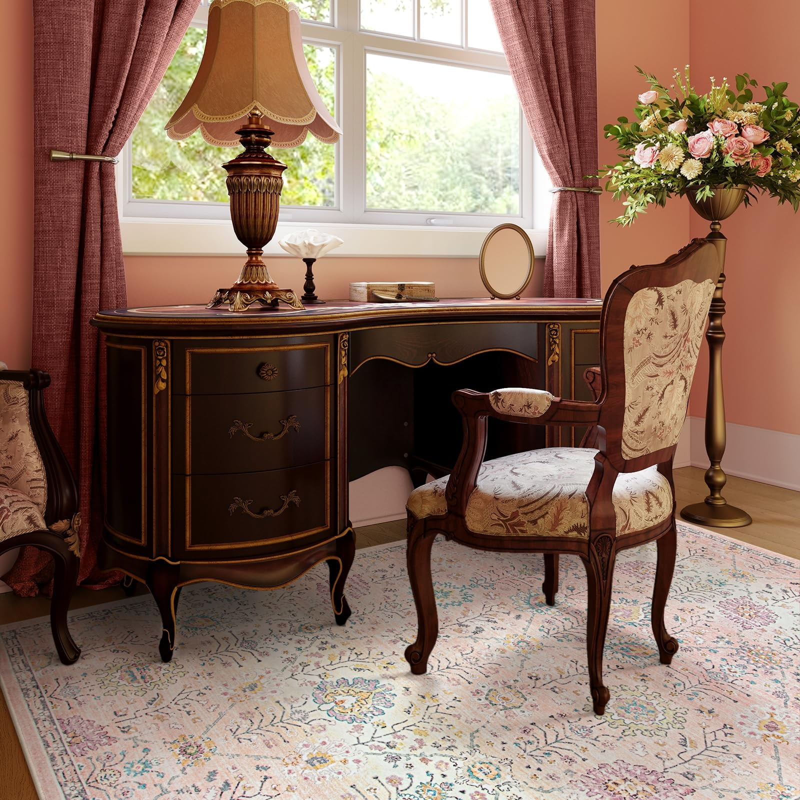 Wonnitar 5'x7' Pink Boho Area Rug,5x7ft Rugs for Bedroom Girls Nursery Area Rugs Soft Floral Playroom Rug, Machine Washable Pastel Rug Non Slip Floor Carpet for Large Living Room Bedroom Carpet