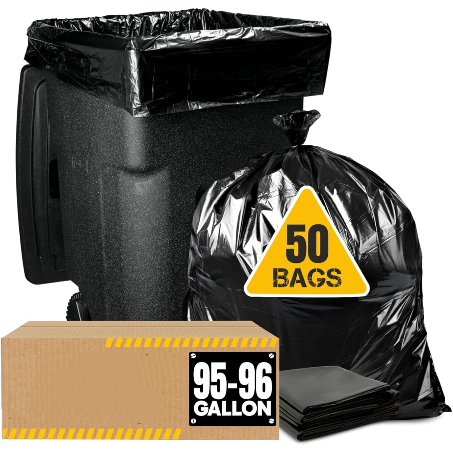 95-96 Gallon Trash Bags Heavy Duty (Mega-Value 50/Bags w/Ties) 95-100 Gallon Trash Bags│Black Heavy Duty Trash Bag │Extra Large Garbage Bags