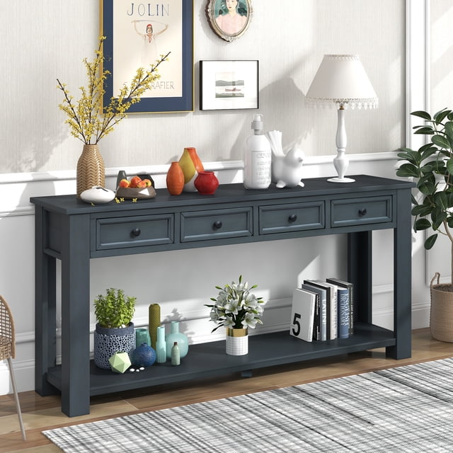 MODERNLUXE 63" Console Table,Long Sofa Table Entryway Table with 4 Drawers and Bottom Shelf for Entryway, Hallway and Living Room,Navy