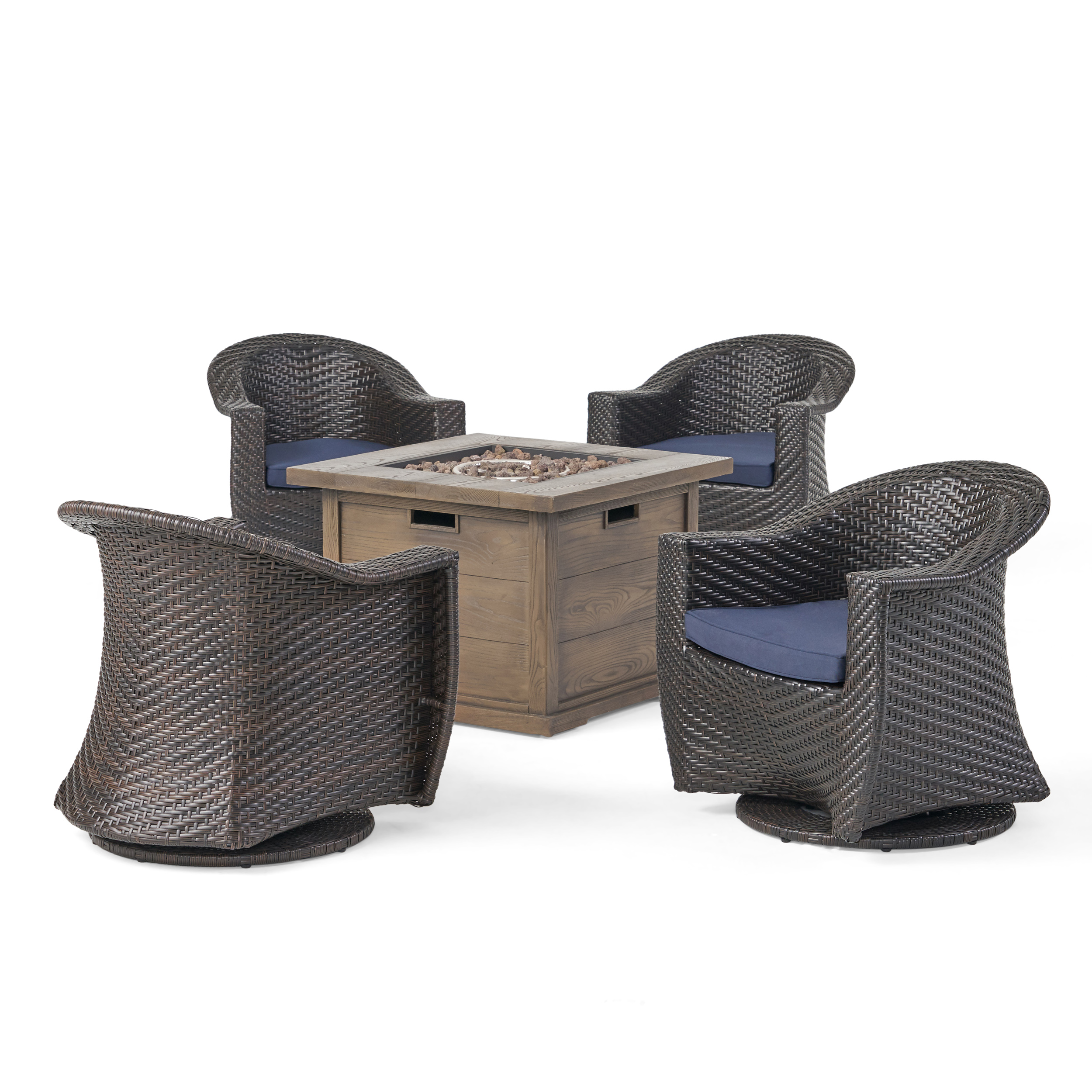Celeste Patio Fire Pit Set, 4-Seater with Wicker Swivel Chairs, Multi-Brown, Navy Blue, Brown with Wood Design - image 2 of 10