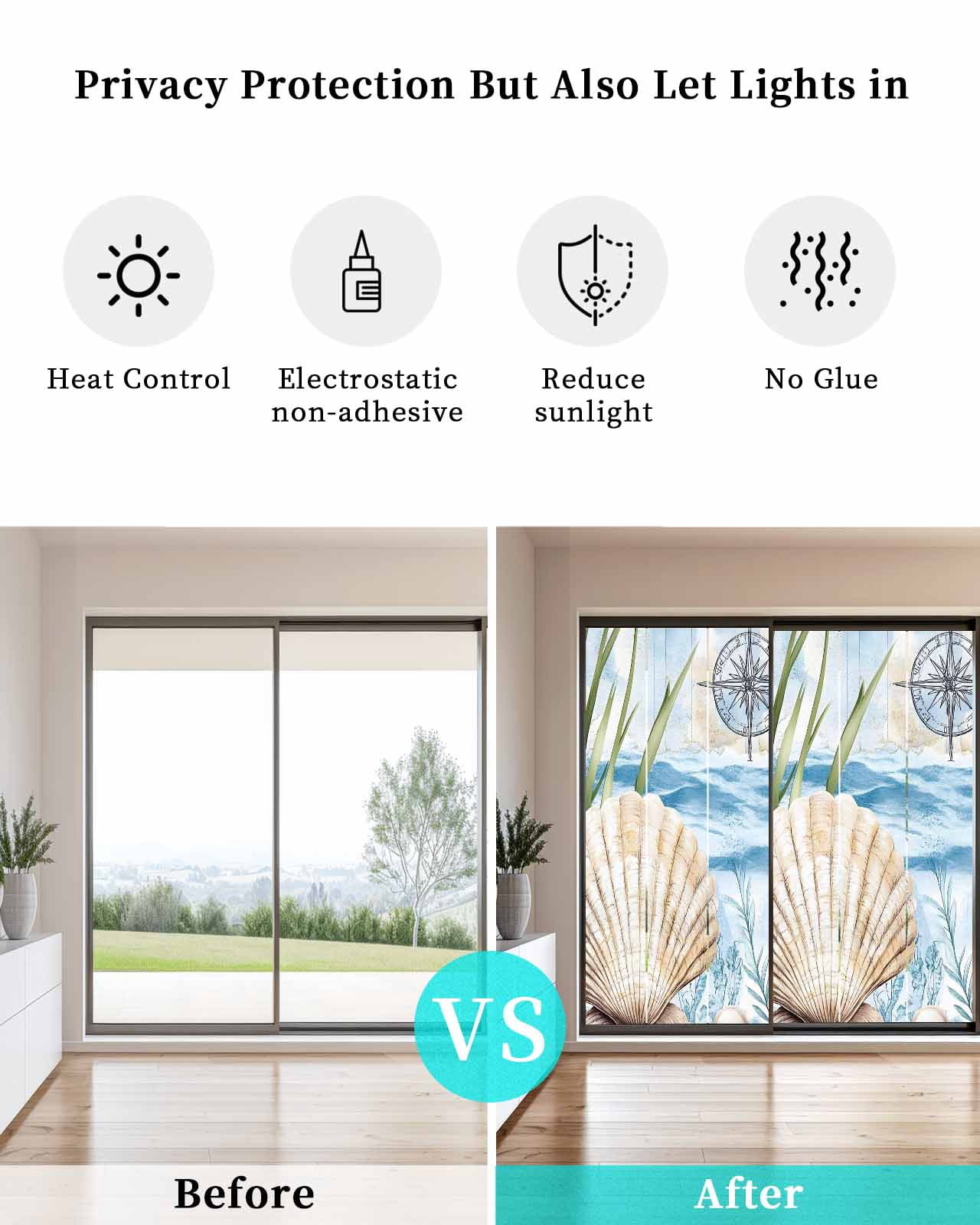 Window Privacy Film Summer Ocean Stained Glass Window Film Decorative Sun Block Window Cover Nautical Sea Shell Coral Wave Window Clings Static Adhesive Sticker for Bathroom 23.6"x59"