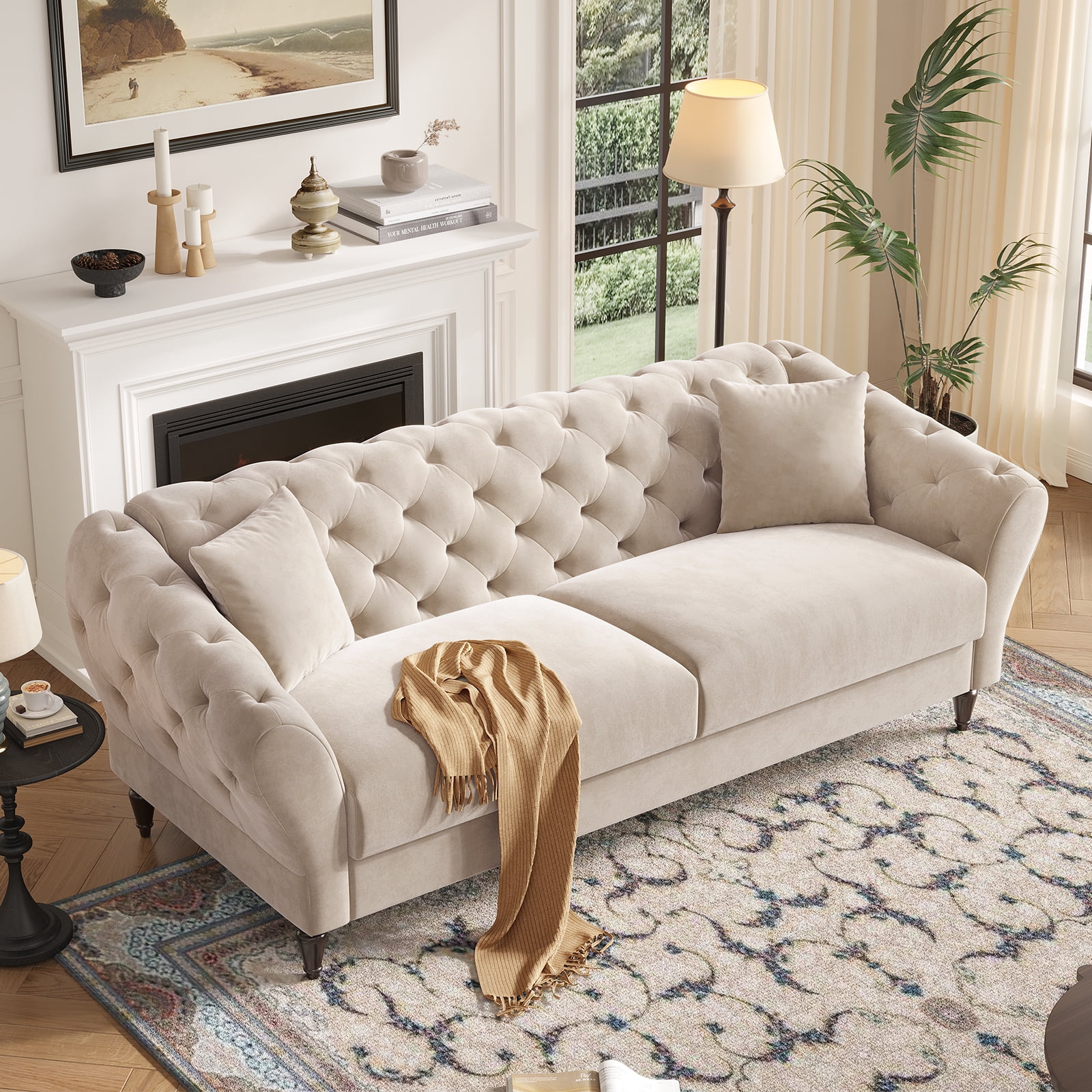 COPIAE 82 Inch Chesterfield loveseat Sofa,Tuxedo Arms Modern Couch Sturdy and Easy Installation, Small Sofa for Living Room Bedroom Office and Apartment,Velvet Fabric Beige