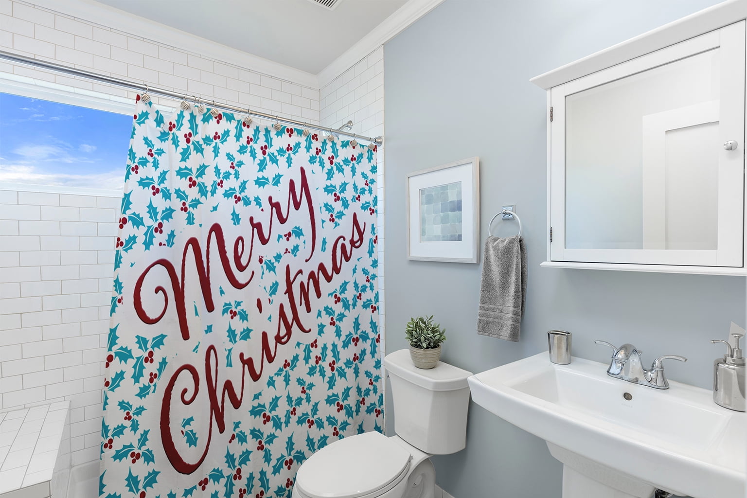 Simply Daisy 70" W x 73" L Merry Christmas with Holly Polyester Shower Curtain, Turquoise [1 Ct]