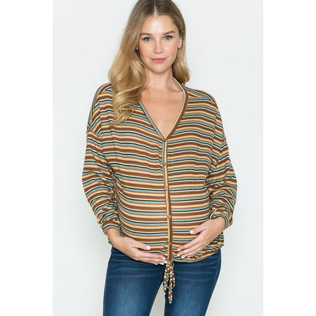 

Women Marternity V Neck Long Sleeve Stripe Buton Down Tied Top
