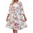 thumbnail image 3 of Women'S 3/4 Sleeve Round Neck Floral Print Midi Dress Summer Casual Dress White Flower L, 3 of 9