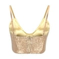 thumbnail image 3 of XFLWAM Womens Sparkly Sequin Top Spaghetti Strap Crop Top Glitter Sleeveless V Neck Vest Tank Tops Rave Disco Concert Outfit Gold S, 3 of 6