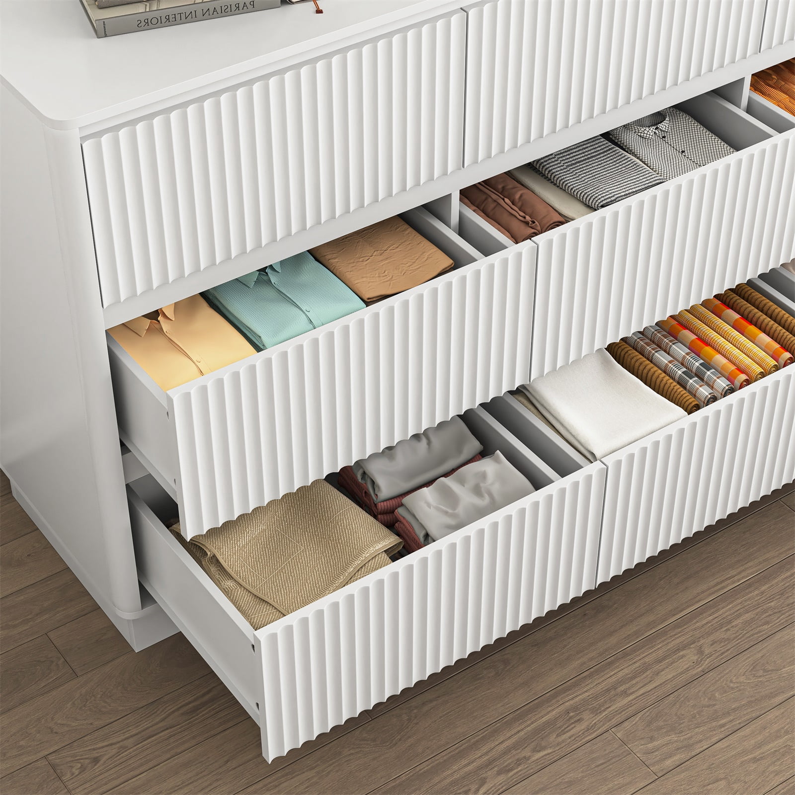 Hommoo Modern 9-Drawer Wood Dresser, Fluted Chest of Drawers, Multifunctional Storage Cabinet Credenza Side Table, White