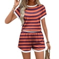 thumbnail image 4 of Sewkxo Two Piece Sets for Women Stripe Summer Lounge Short Sets Shorts Sleeve Crew Neck Sweatsuit with Pocket,Orange 2XL, 4 of 5