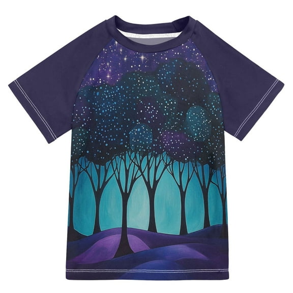 FORMRS Boys Rash Guard with Short Sleeves UPF 50  Swim Shirts Sizes 3-12T, Purple Moonlight Forest