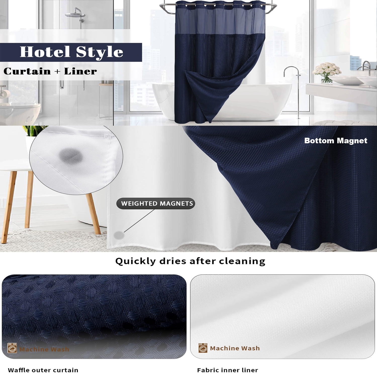 Waffle Weave Shower Curtain with Snap in Fabric Liner, No Hook Shower Curtain with Snap-in Liner, DawnJoanHD Blue Heavyweight Fabric Shower Curtain with See Through Top Window, 72"X75"