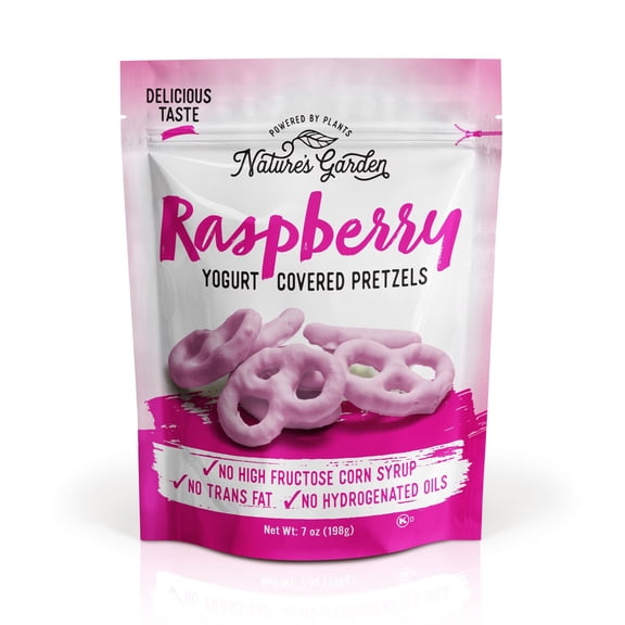 Nature's Garden Raspberry Yogurt Covered Pretzels Crunchy Ultimate Indulgent Snack.