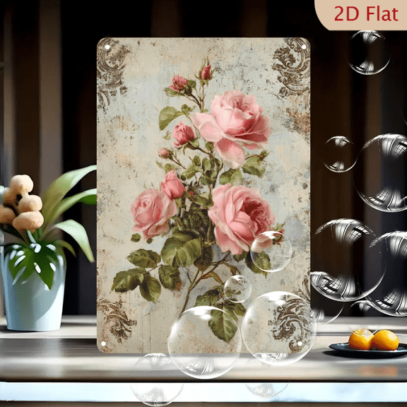 2D Flat Vintage Rose Metal Tin Sign, Home Decor Tin Painting, Fun Wall Art for Home, Restaurant, Bar, Cafe, Garage, 8x12 Inch, Perfect for Room Decor