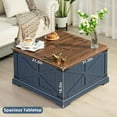 thumbnail image 2 of Farmhouse Coffee Table with Large Hidden Storage Compartment, Navy Blue Square Center Table, Wood Rustic Low Modern Living Room Tables with Hinged Lift Brown Top & Wooden Arc Base, 2 of 14