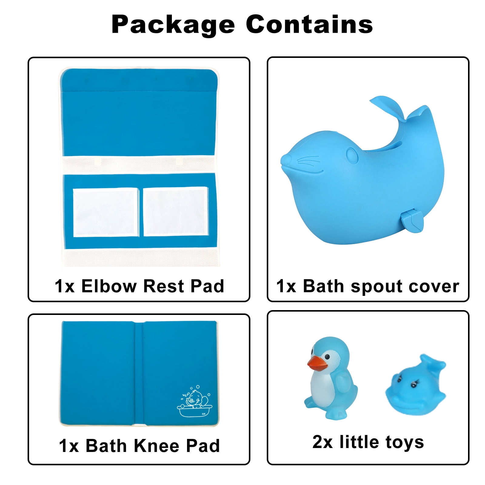 Bath Kneeler and Elbow Rest Pad Set - Bath Kneeling Mat with Toy Organizer - Bath Spout Cover Blue Sea Lions