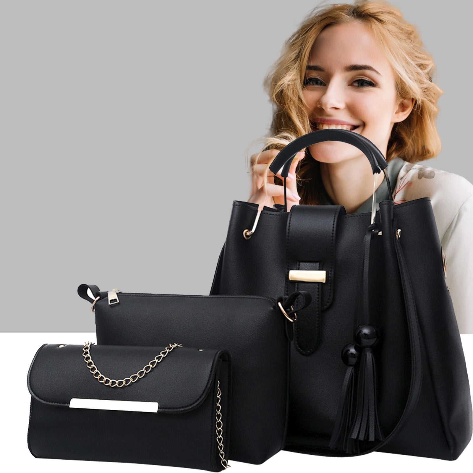Quinlirra Set of 3 Purses for Women Tote Purse and Wallet Set Shoulder Satchel Bags, Women Handbag Wallet Tote Bag Shoulder Bag, Gifts for Women-Black&Set of 3