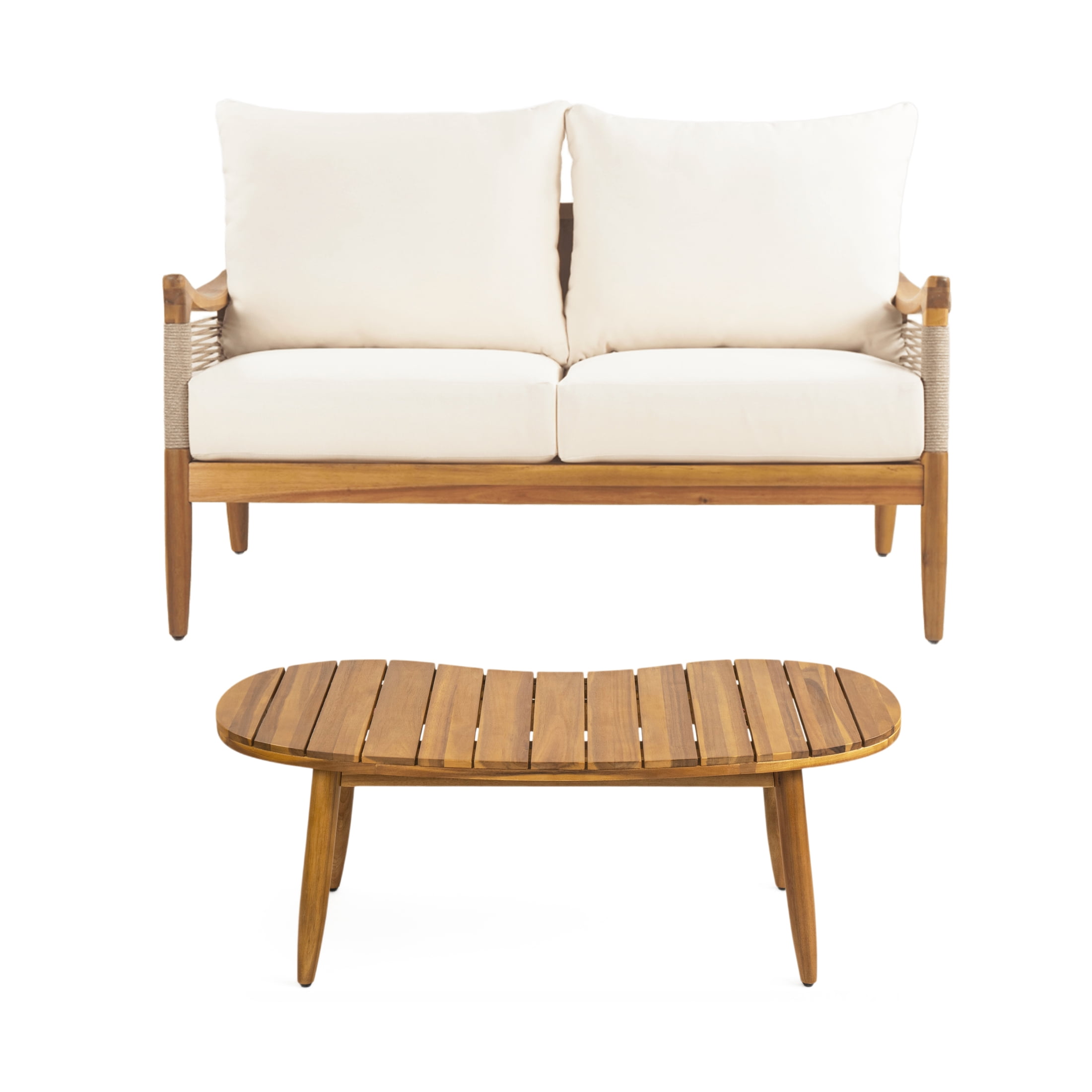 Christopher Knight Home Modern 2 Piece Patio Loveseat Coffee Table Set with Cushion, Solid Wood, Teak+ Beige