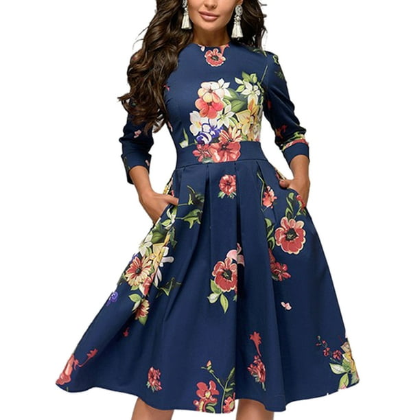 TRKIYQC Vestido midi floral para mujer con bolsillos Vestido de tanga vintage para mujer Vestido de fiesta de manga larga con cuello redondo y cintura alta para el verano TRKIYQC perder