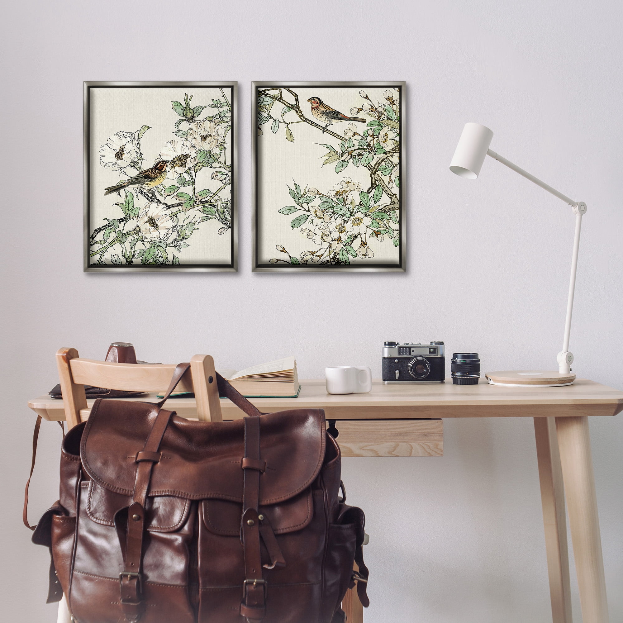 Stupell Industries Classic Sparrow on Blossoms Animals & Insects Painting Gray Floater Framed Canvas Art Print Wall Art, 17 x 21, Set of 2