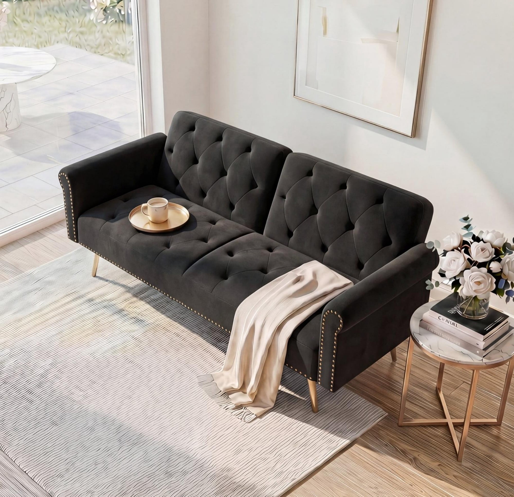 Leumius 70" Loveseat Sofa,Convertible Futon Sofa Bed Velvet Sleeper Sofa Bed with Throw Pillow & Gold Metal Legs,2-Seat Loveseat for Living Room,Bedroom,Office,Black