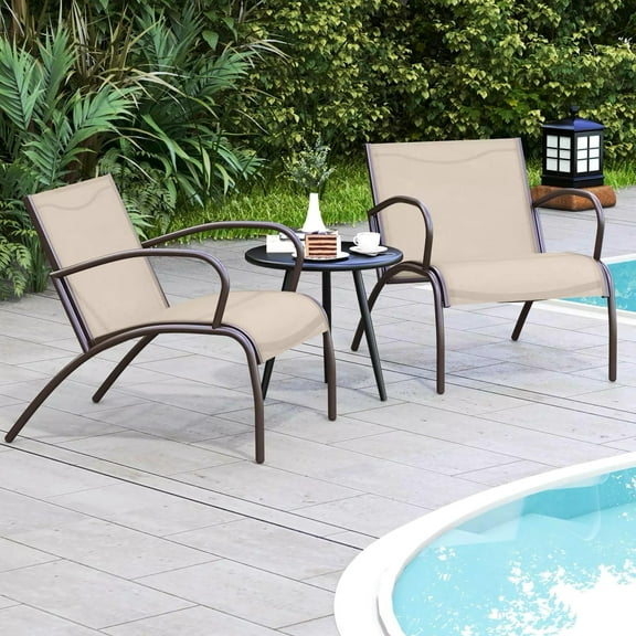 Harmijoy 3 Piece Patio Chair Set, Metal Aluminum Wide Armchair & Table Set w/ Curved Fabric Seat, Morden Outdoor Furniture Set w/Round Coffee Table