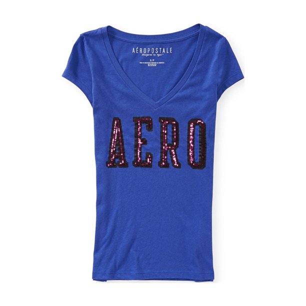Aeropostale - Playera adornada con logo de lentejuelas para mujer, azul, extra pequeña Aeropostale Camiseta adornada