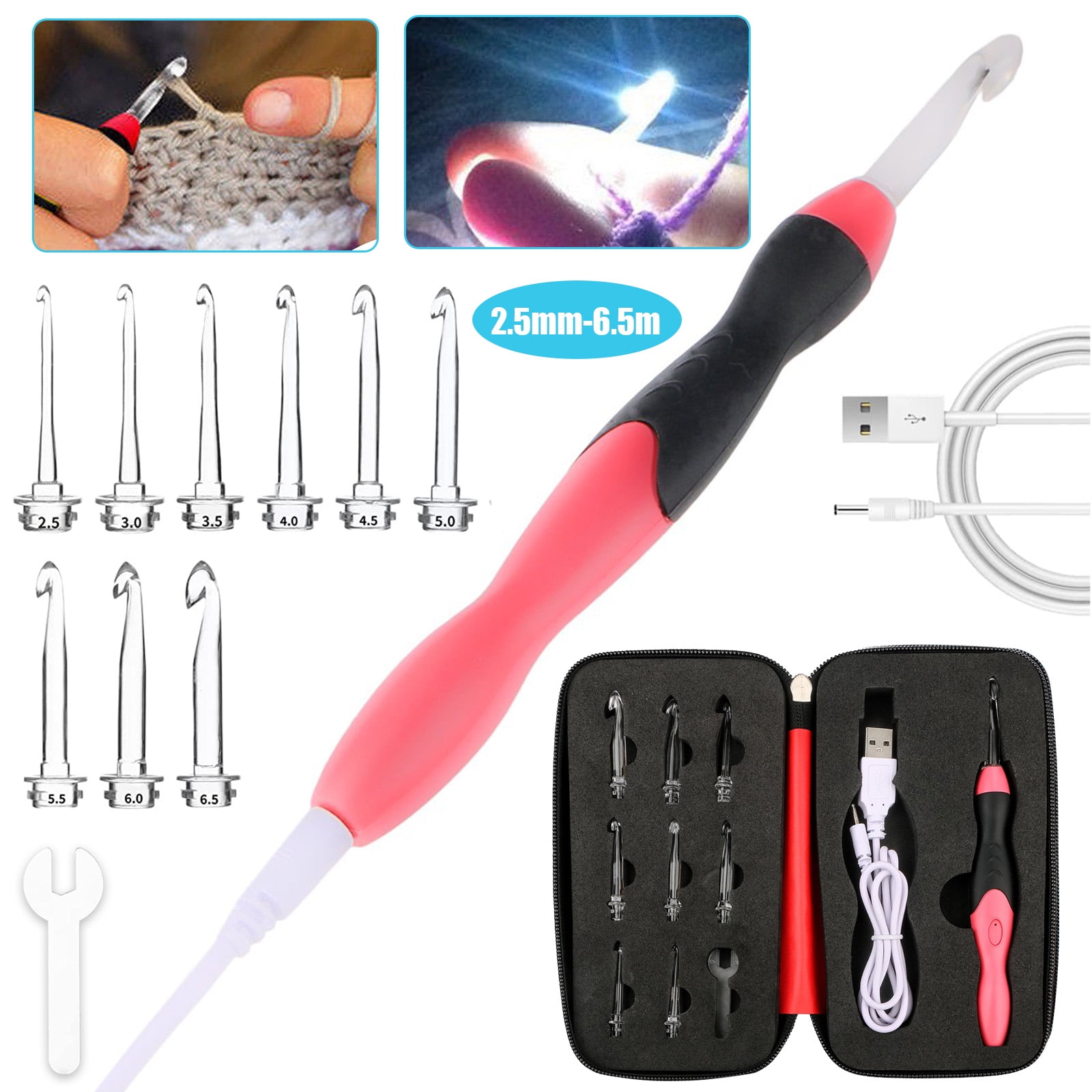 9pcs LED Crochet Hooks, EEEkit Ergonomic USB Rechargeable Light Up Crochet Hooks, 2.5mm-6.5m LED Lighted Crochet Hooks Complete Set with Case, Knitting Needles Weave Sewing Tool for Arthritic Hands