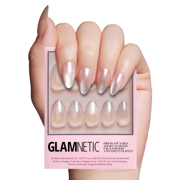 Prensa glamnética en las uñas - Noche polar | ¿Uñas postizas cortas de almendra con Ombr? Puntas plateadas y acabado de terciopelo brillante Reutilizable | 15 tamaños - Kit de 30 uñas con pegamento