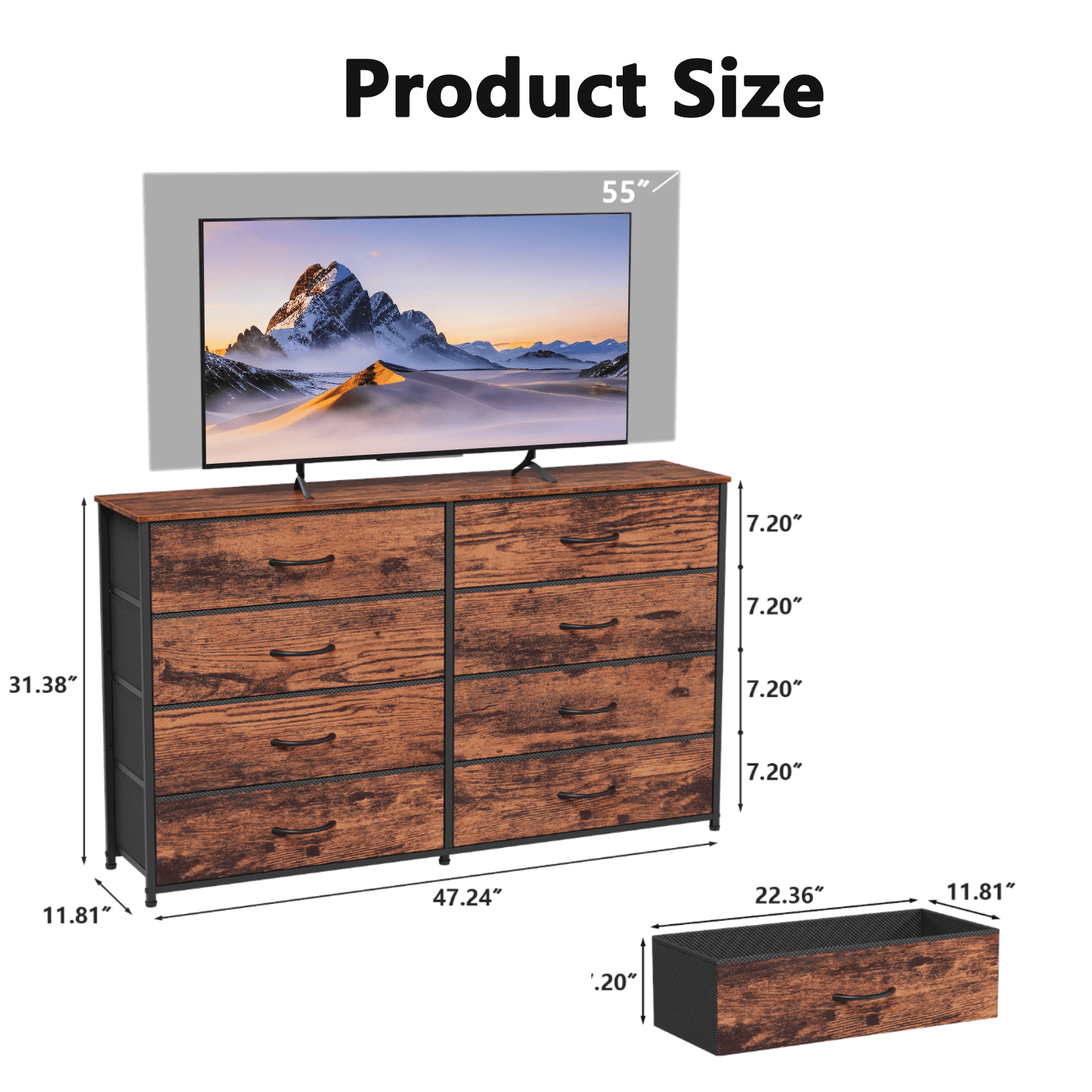 Tydimor 8 Fabric Drawers Dressers for Bedroom Wide Dresser TV Stand for 55" TVs, Chest of Drawers,Rustic Brown