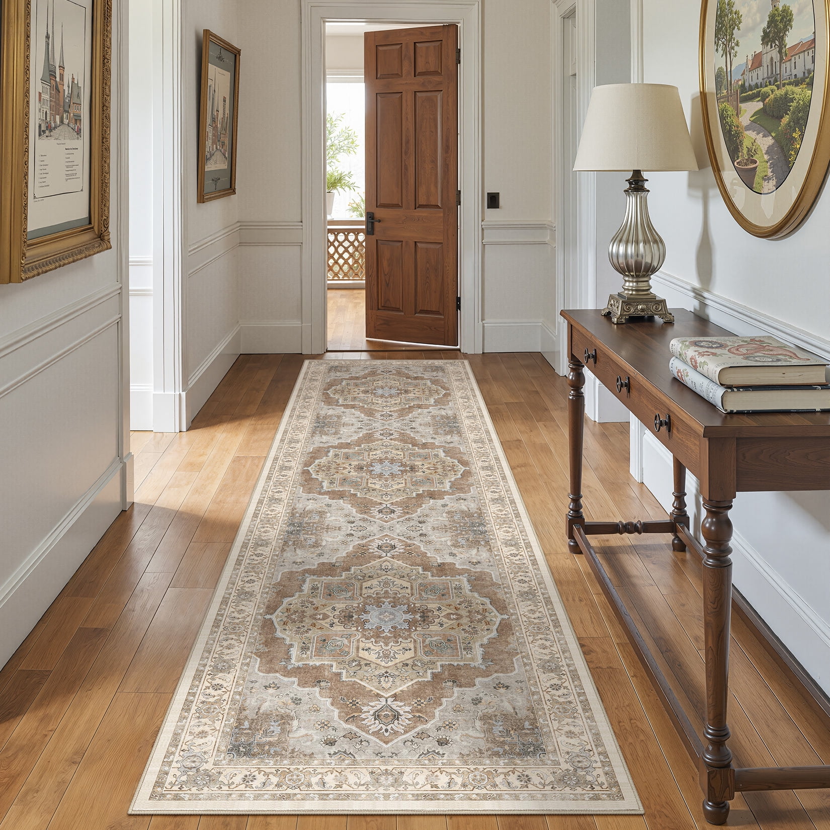 Toyoso 2x8 Runner Rug Vintage Medallion Washable Rug Cream Grey Low Pile Non Slip For Kitchen Hallway Laundry Room Entryway Home Decor Carpet